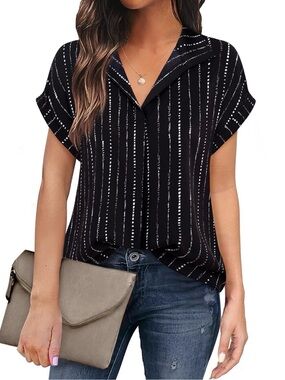 Women’s Black Striped Short Sleeve V-Neck Top